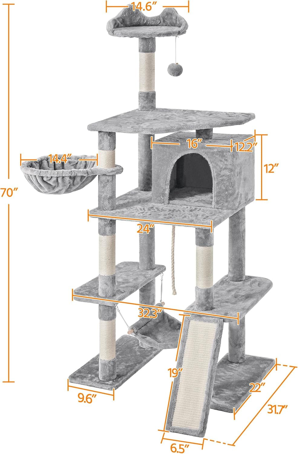 Yaheetech 70 Inches Stable Cat Tree with Padded Platform, Replaceable Dangling Balls, Hammock, Basket and Condo, Cat Tower Furniture for Kittens, Cats and Pets